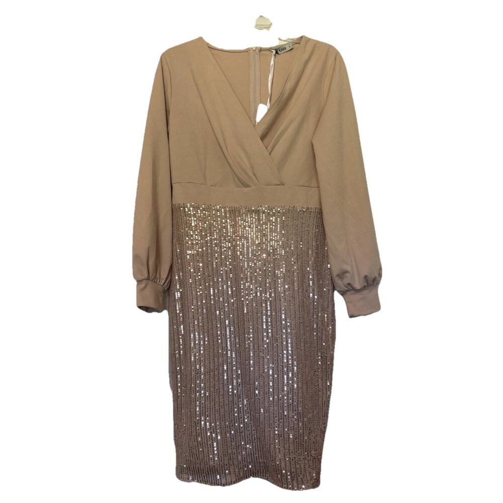 NWT Grace Karin Sz Medium Dress Gold Cocktail Sequined Long Sleeve Stretch Mini